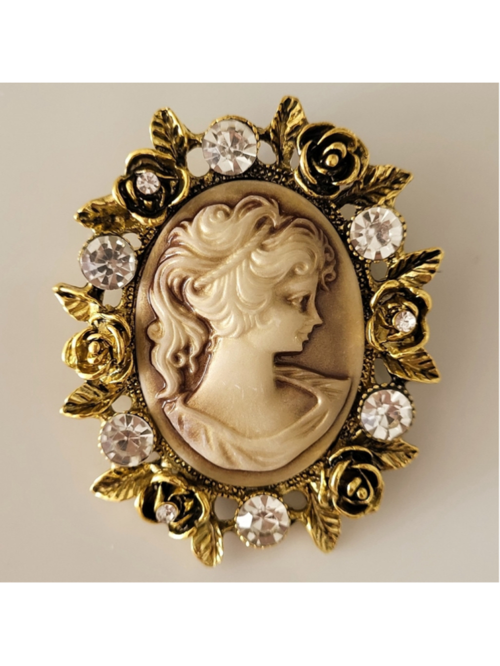 Vintage Inspired Cameo Brooch with Floral Rhinestone Frame